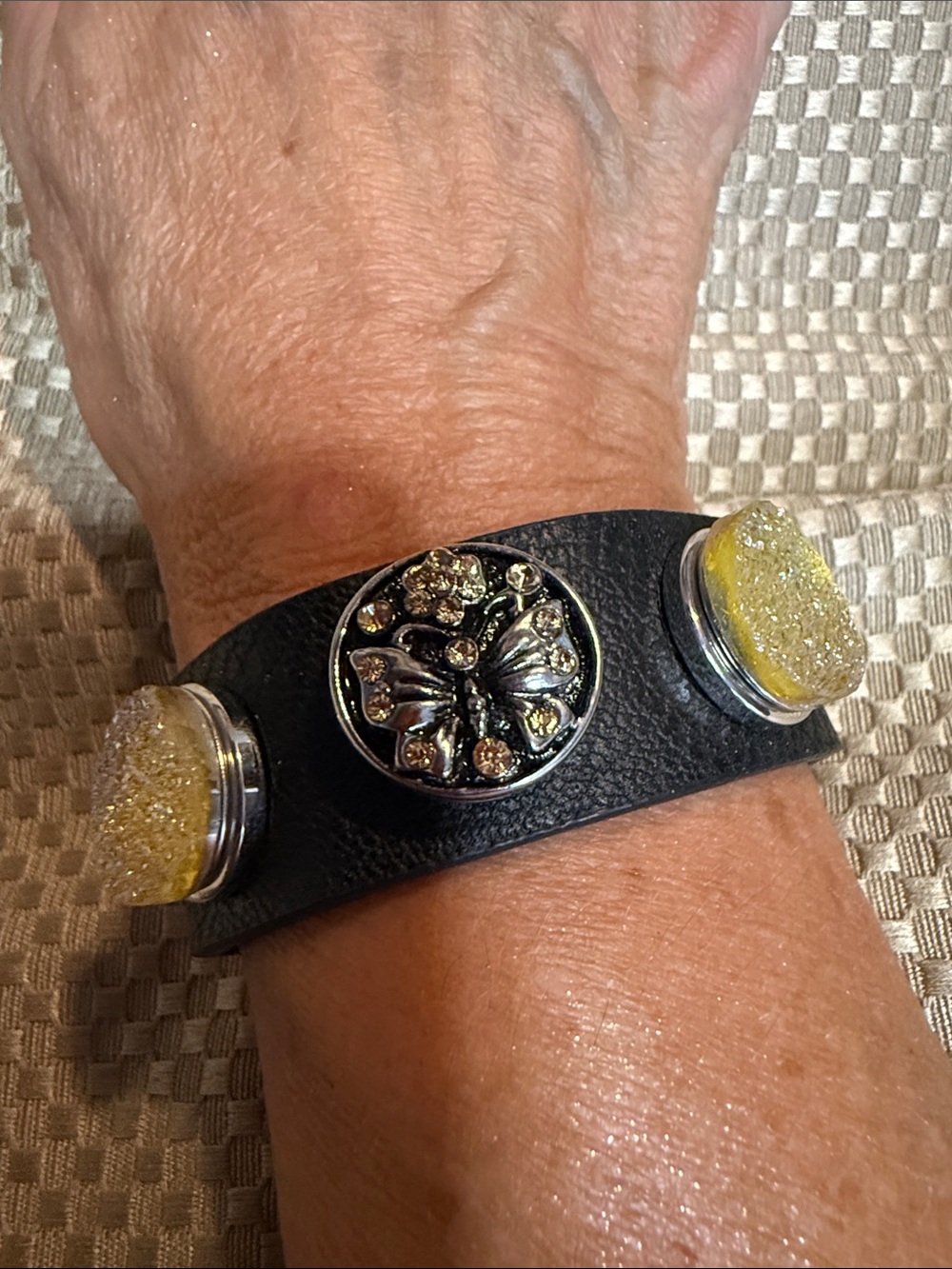 Snap Black Leather Bracelet with Yellow Druzy and Butterfly Snap